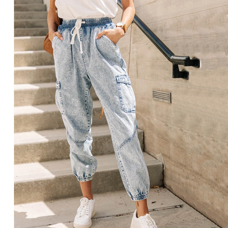 Women'S Fashion Casual Pocket Lace-Up Denim Trousers