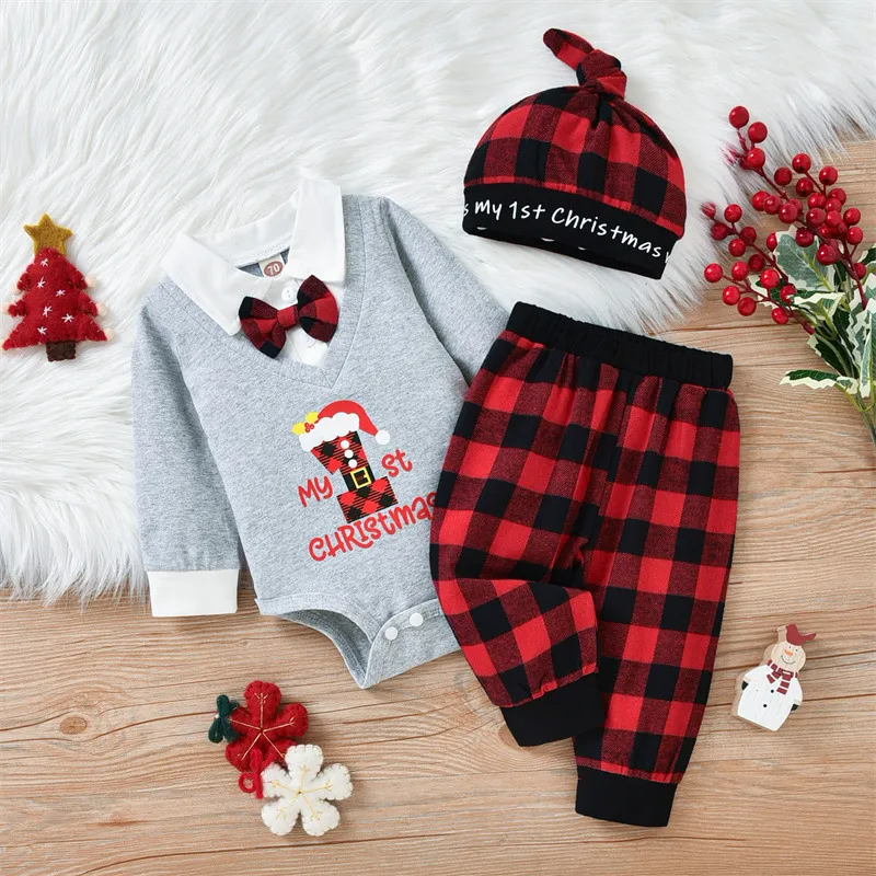 Kids Baby Boys Fashion Casual Christmas Bow Lapel Long Sleeve Romper Plaid Trousers Sets