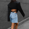 Fashion Women Autumn Solid Black Loose Sexy Cut Out Blazer Bodysuit