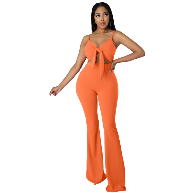 Women Solid Color Suspender Strap Hollow Flared Fashion Jumpsuit