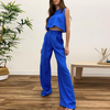 Fashion Women Solid Color Sleeveless Casual Cropped Top Flared Pants Set