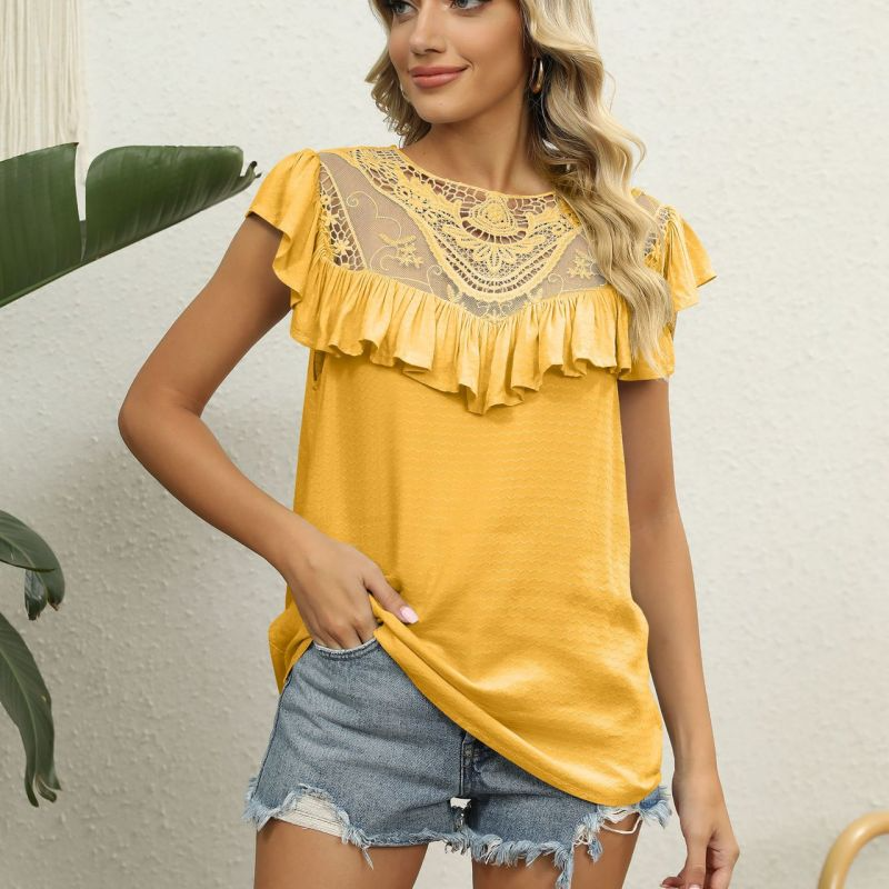 Women Lace Embroidered Collar Ruffles Sweet Loose Short Sleeve Shirt Blouse