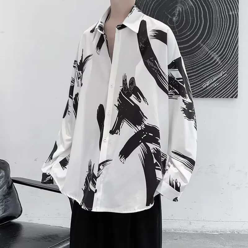 Men Fashion Lapel Splattered Ink Graphic Print Long Sleeve Shirt