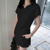 Women Summer Elegant Solid Color Short Sleeve Side Slit Blouse And Shorts Office Chic Set