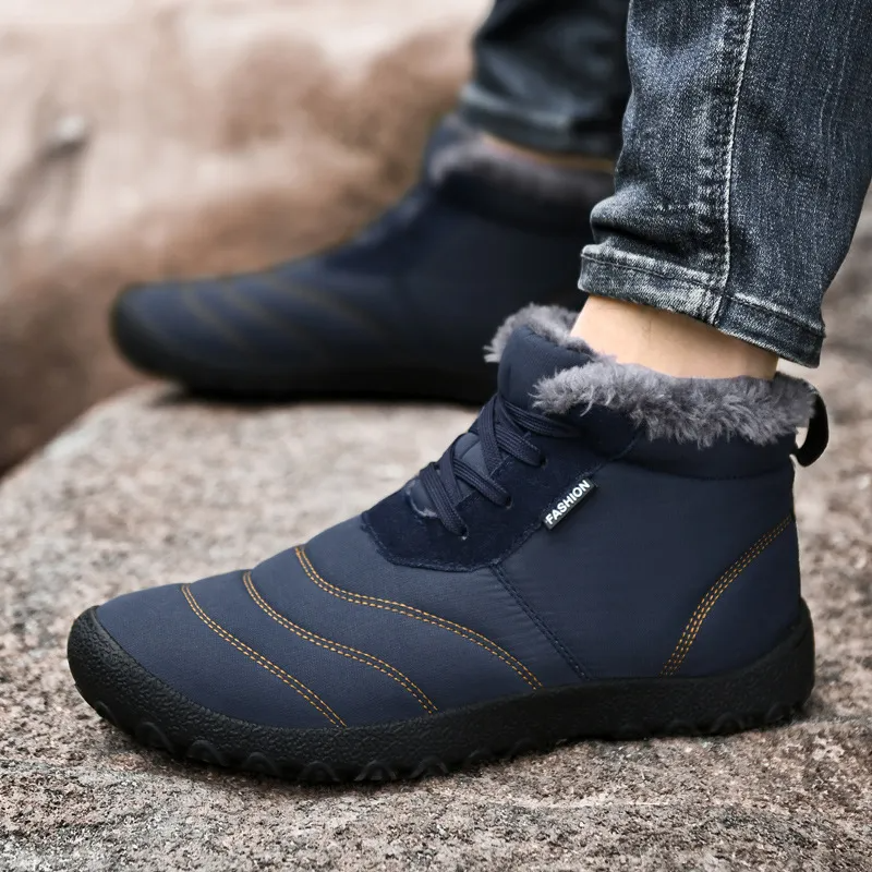 Men Winter Solid Color Round-Toe Flat Shots Lace-Up Slip On Snow Ankle Boots