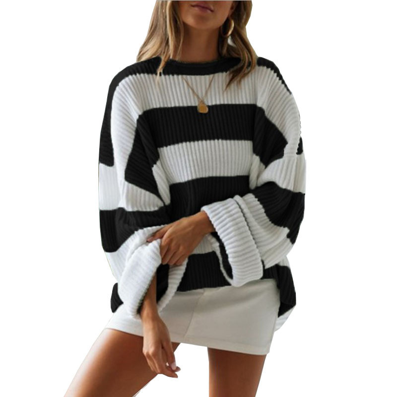 Women'S Fashion Round Neck Stripe Color Block Knit Sweater