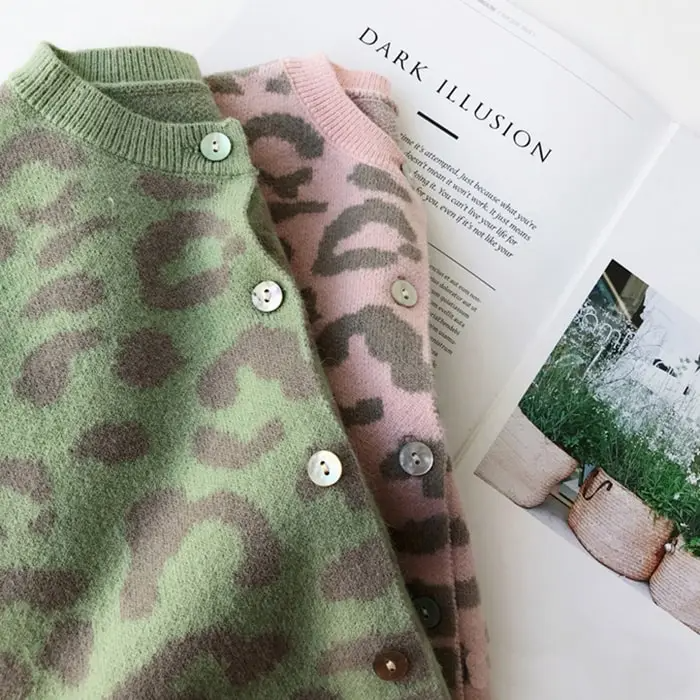 Girls Casual Leopard Single-Breasted Knit Coat