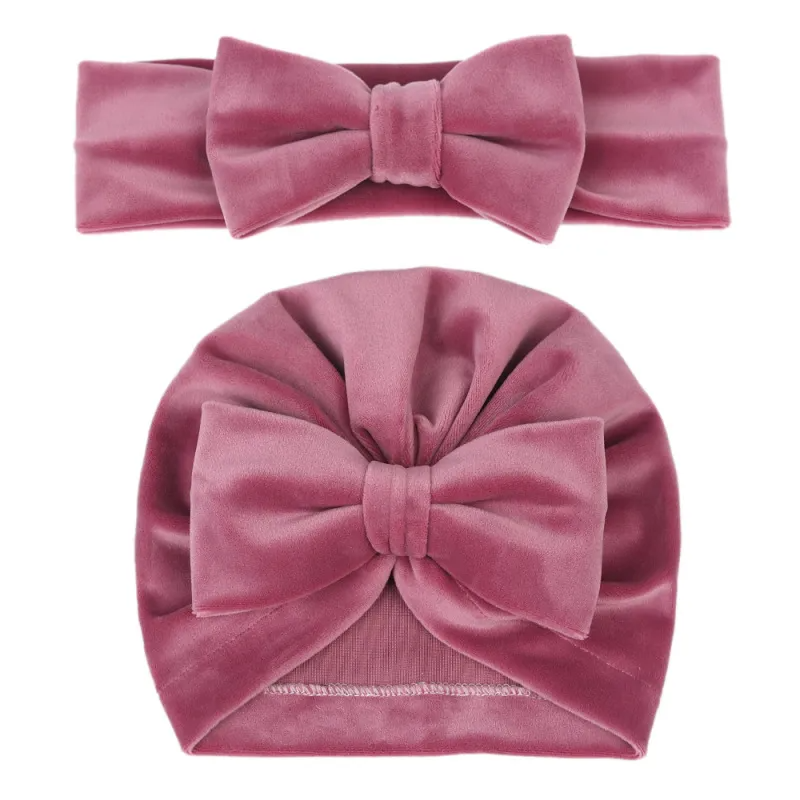 Mother And Child Simple Solid Color Bowknot Velvet Hat Two-Piece Set