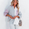 Women Fashion Summer Blocking Color Loose Long Sleeve Shirt Blouse