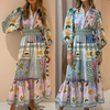 Women Ramadan /Eid Fashion Vintage Printing Single-Breasted Long Sleeve Dress