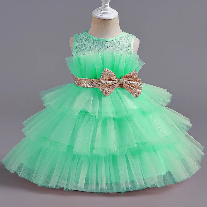 Kids Baby Girls Summer Fashion Party Cute Sweet Solid Color Bow Pleated Sleeveless Mesh Party Tutu Dress