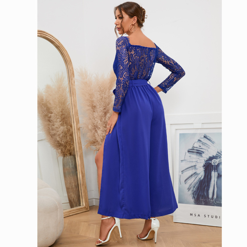 Women Elegant Solid Color Lace Patchwork Long-Sleeved Off-The-Shoulder Belted Side-Slit Jumpsuits