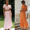 Women Square Neck Ruffled Puff Sleeve Crop Top Side-Slit Knotted Long Skirt Solid Color Vacation Set