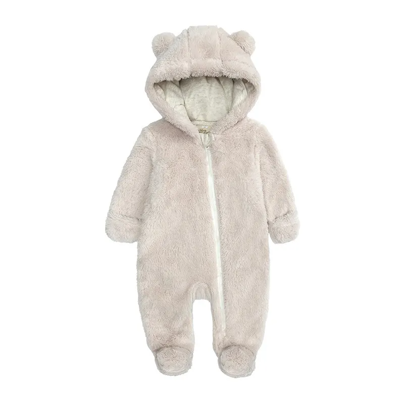 Kids Baby Boys Girls Autumn Winter Casual Cute Solid Color Bear Ear Fleeces Long Sleeve Hooded Bodysuit