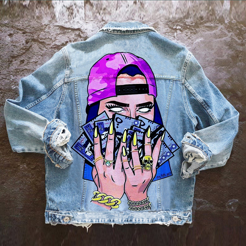 Women Casual Long Sleeves Graphic Printed Single-Breasted Denim Jacket