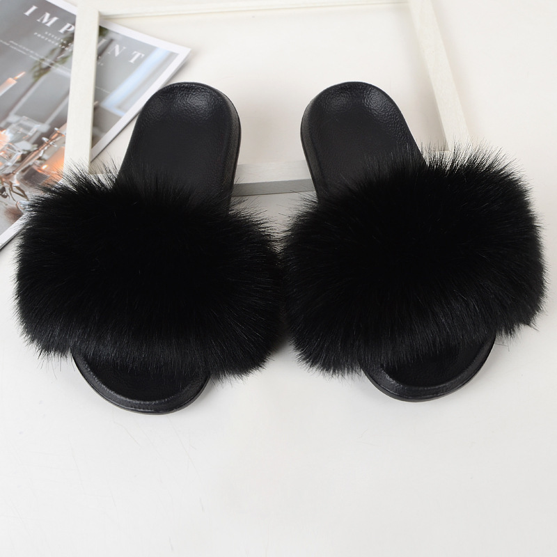 ( 2 pair ) Wholesale Women Winter Fashion Plus Size Faux Fox Fur Plush Flat Slippers