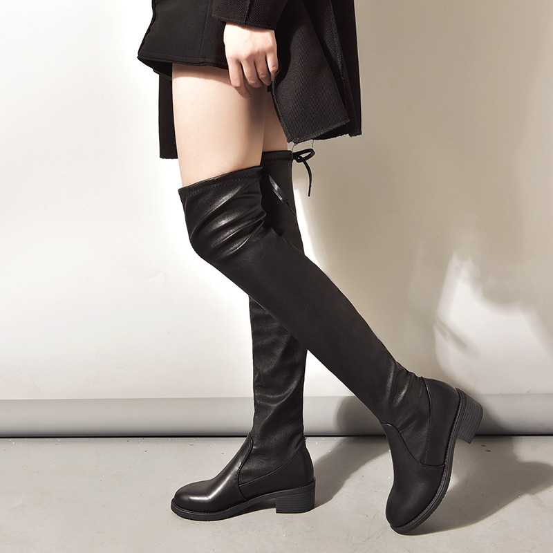 Women Fashion Plus Size Solid Color Over-The-Knee Fleece Flat Stretch Leather Boots