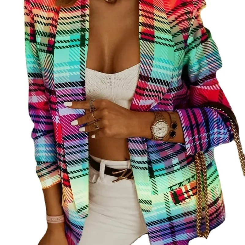 Women Fashion Casual Multicolor Plaid Long Sleeve Blazer Coat