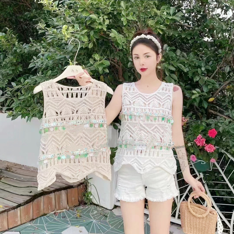 Women Fashion Ethnic Style Hollow Crochet Knitting Solid Color Camisole