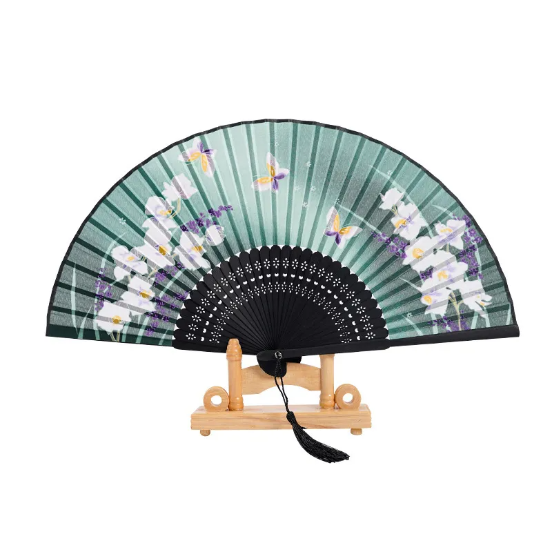 Classical Chinese Style Butterfly Floral Dragonfly Printed Bamboo Tassel Folding Fan