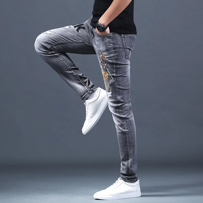 Men Retro Ripped Slim Fit Stretch Embroidered Skinny Jeans