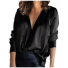 Women Fashion Elegant Pullover V-Neck Solid Color Satin Long-Sleeved Shirt Blouse