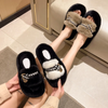 Autumn Winter Women Fashionable Houndstooth Belt Buckle Plush Round Toe Flat Home Slippers