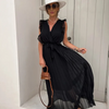 Women Elegant Solid Color Sleeveless Ruffled V Neck Maxi Party Vacation Dress