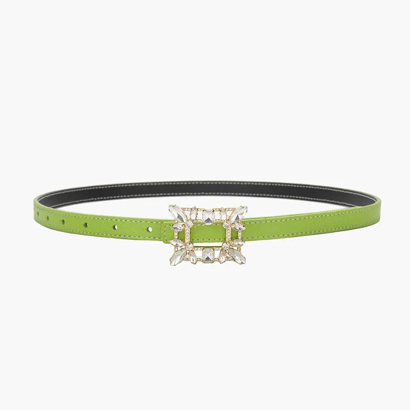 Women'S Fashion Casual Personality Rhinestone Alloy Smooth Buckle Genuine Leather Thin Belt