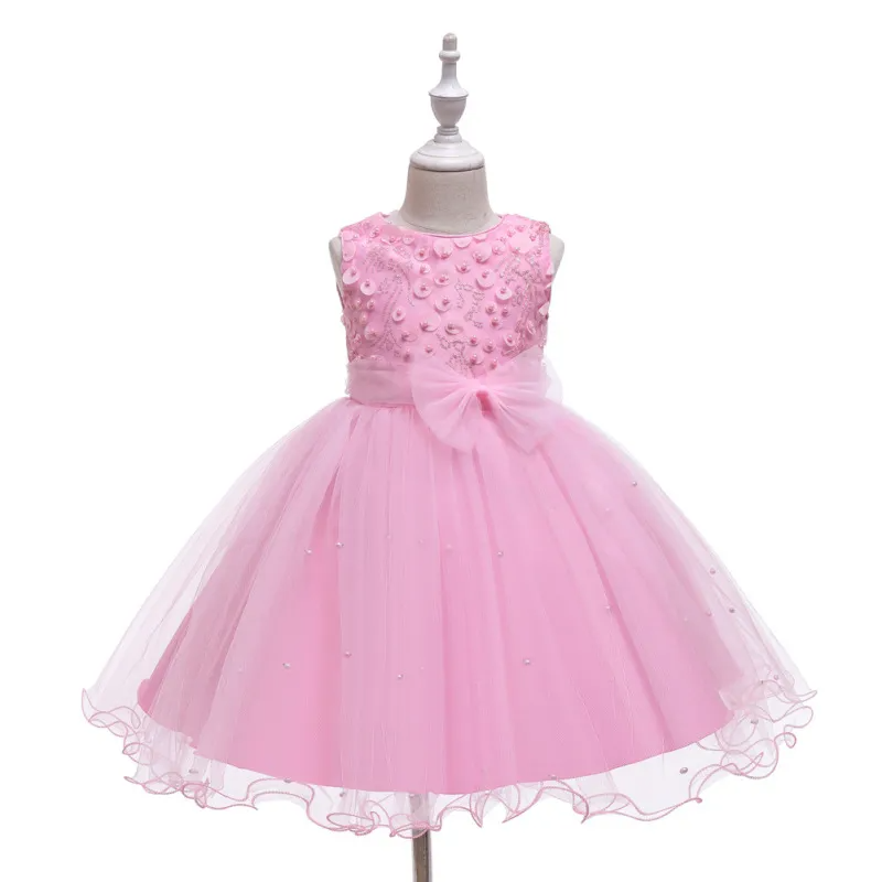 Kids Toddler Big Girls Fashion Party Cute Sweet Solid Color Sequins Bow Pearl Pleated Sleeveless Mesh Party Tutu Dress