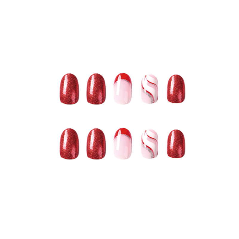 ( Buy 1 Get 2 )  Women Fashion Christmas Red Glitter Contrast Color Wave Wearable False Nails