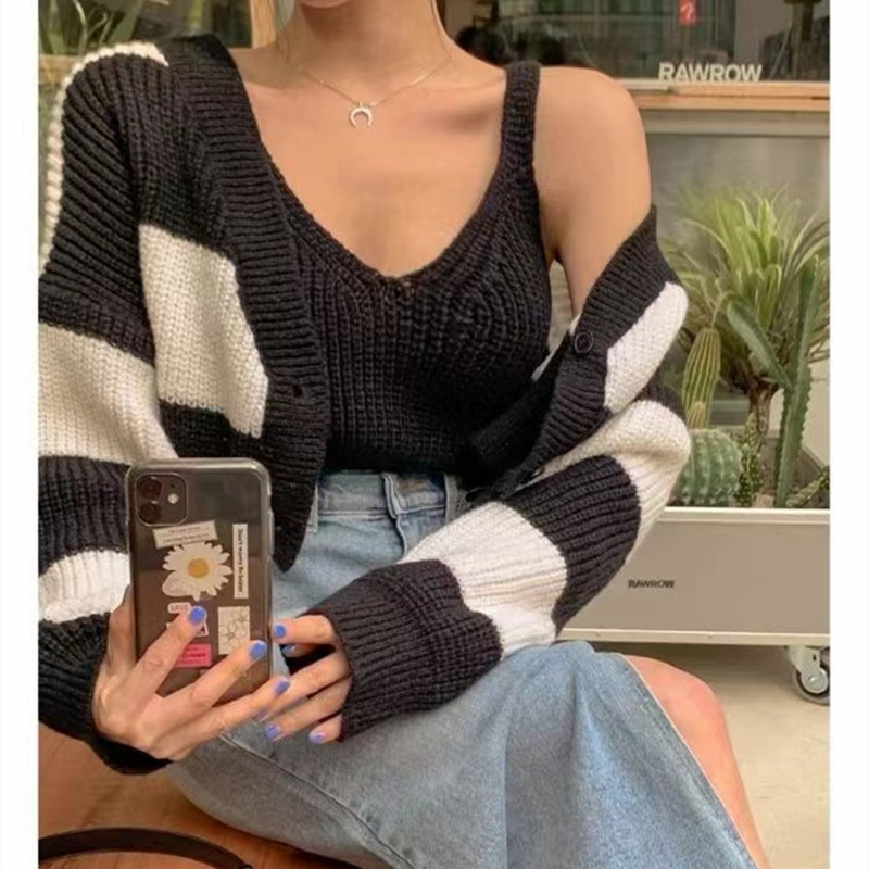 Women Fashion Winter Striped Knitted Sweater Two-Piece Set