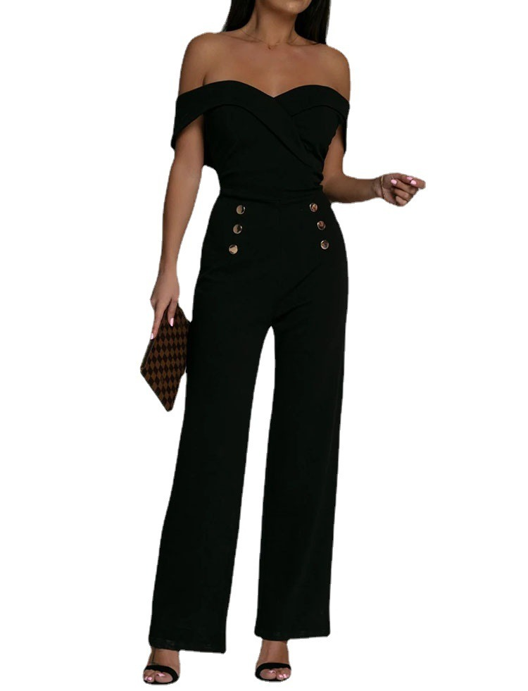 Women Solid Color Word Neck Short Sleeve Waist Casual Jumpsuit