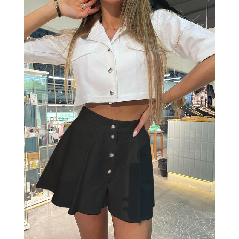 Women Fashion Casual Solid Color Single-Breasted Wide Leg Shorts