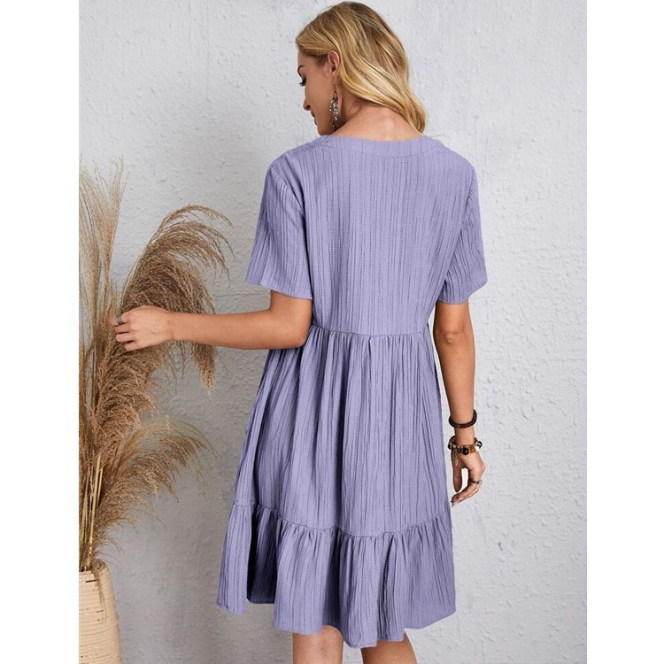 Women'S Fashion Casual Loose V Neck Ruffled Short Sleeve Dress