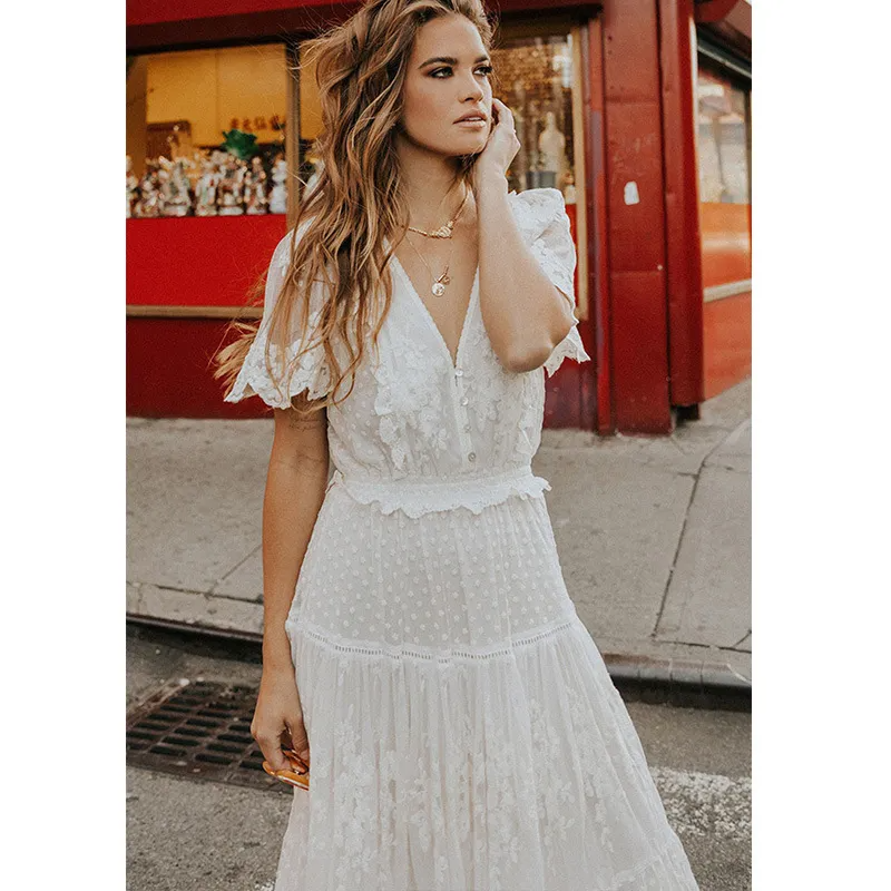 Women Fashion Casual White Lace Short Sleeve Maxi Party Dress