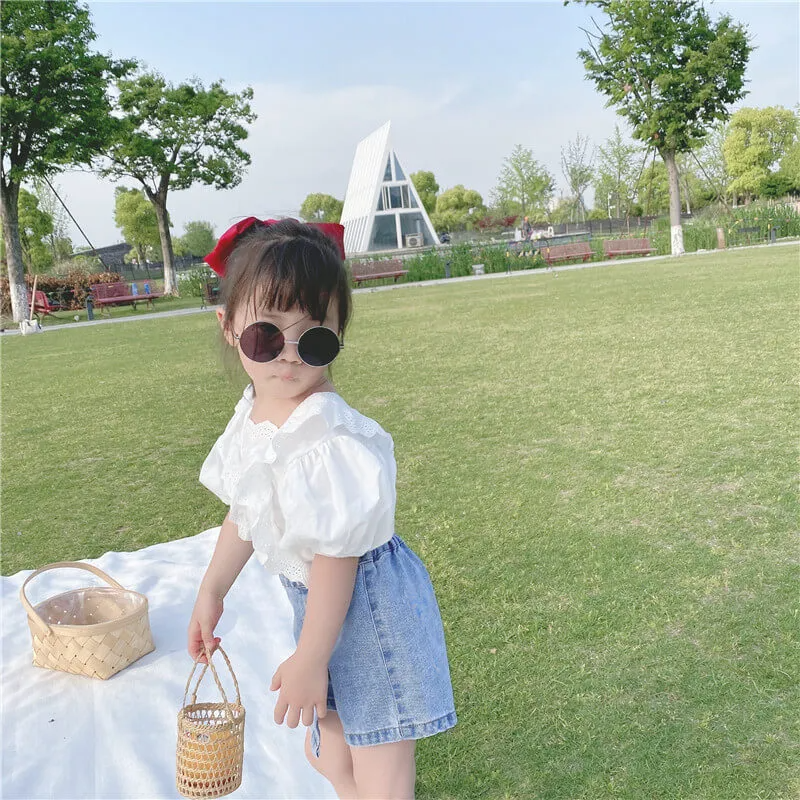 Girls Fashion Solid Color Embroidery Hollow Out Design Blouses