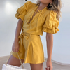 Women Sweet Dating Solid Color Puff Sleeve Lace-Uo Bandage Blouse And Shorts Set