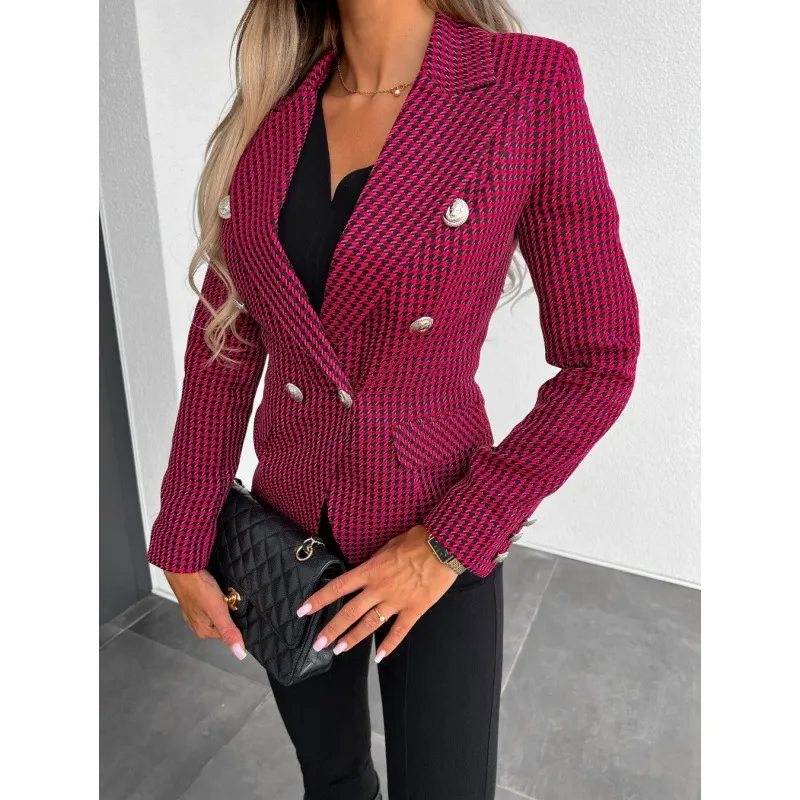 Women Fashion Plaid Print Long Sleeve Blazer Coat