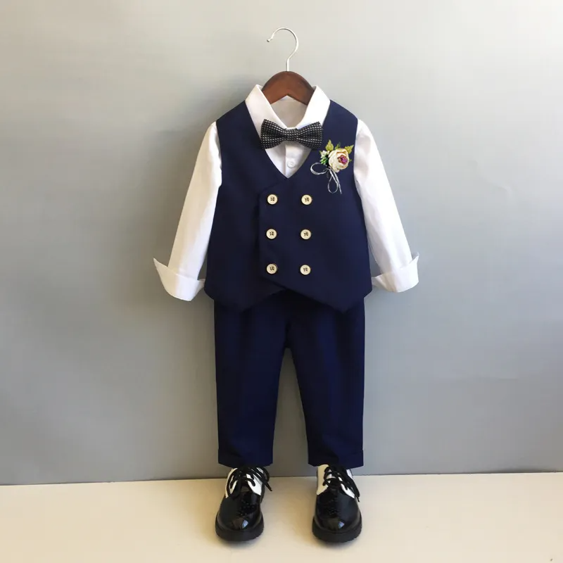 Kids Toddler Big Boys Autumn Winter Fashion Casual British Style Bow Waistcoat Shirt Pants Boys Party Clothing Set