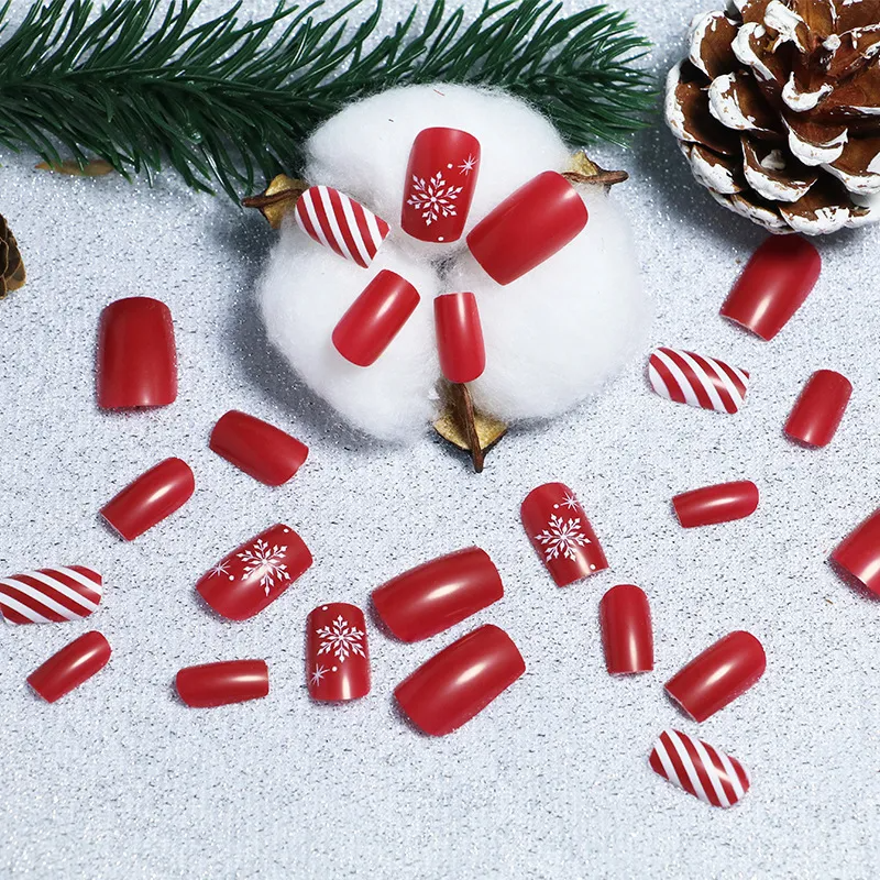 (Buy 1 Get 2) Women Fashion Christmas Red And White Striped Snowflake Wearable Fake Nails