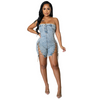 Women Fashion Sexy Off-The-Shoulder Slit Chain Lace-Up Denim Rompers