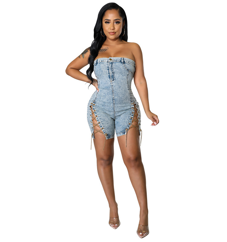 Women Fashion Sexy Off-The-Shoulder Slit Chain Lace-Up Denim Rompers