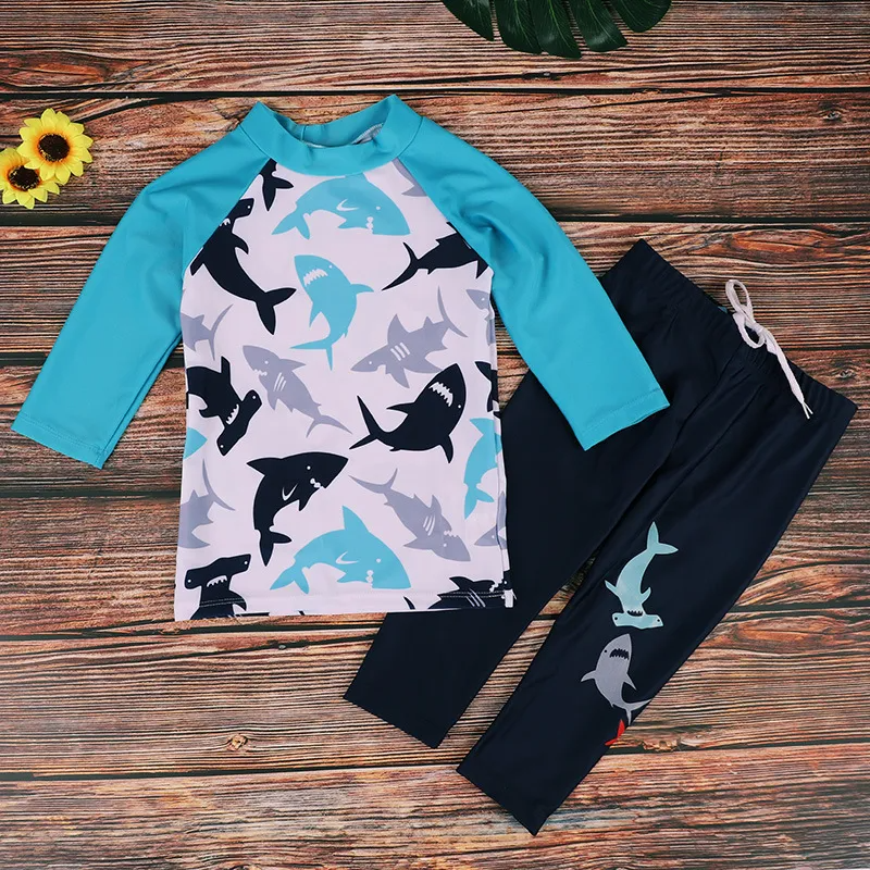 Children Kids Baby Fashion Boys Long Sleeve Cartoon Dolphin Print Swimsuit 2pcs Set