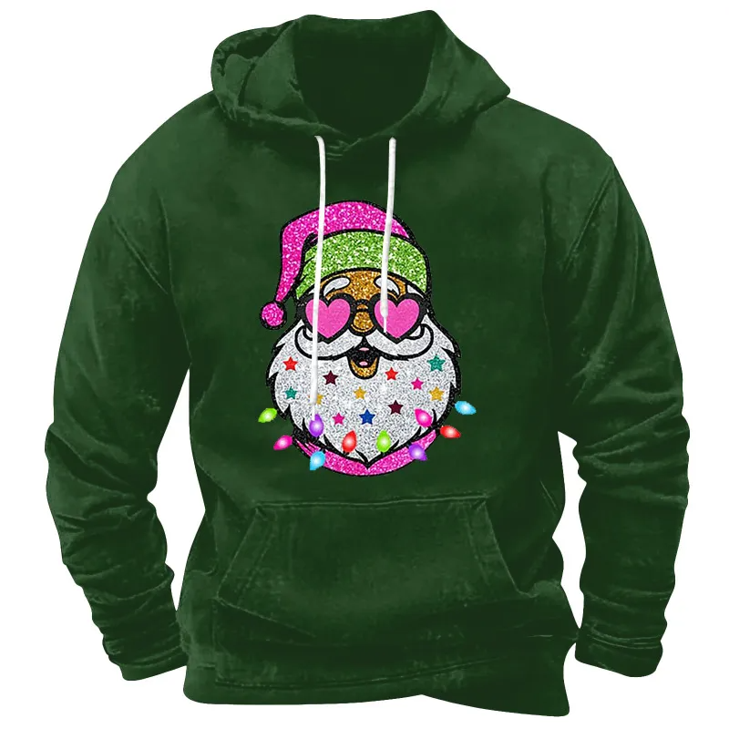 Christmas Men Cartoon Multicolor Santa Printed Long Sleeve Hooded Sweatshirt