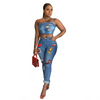 Sexy Sling Tube Top And Pants Patch Design Denim Two Piece Sets