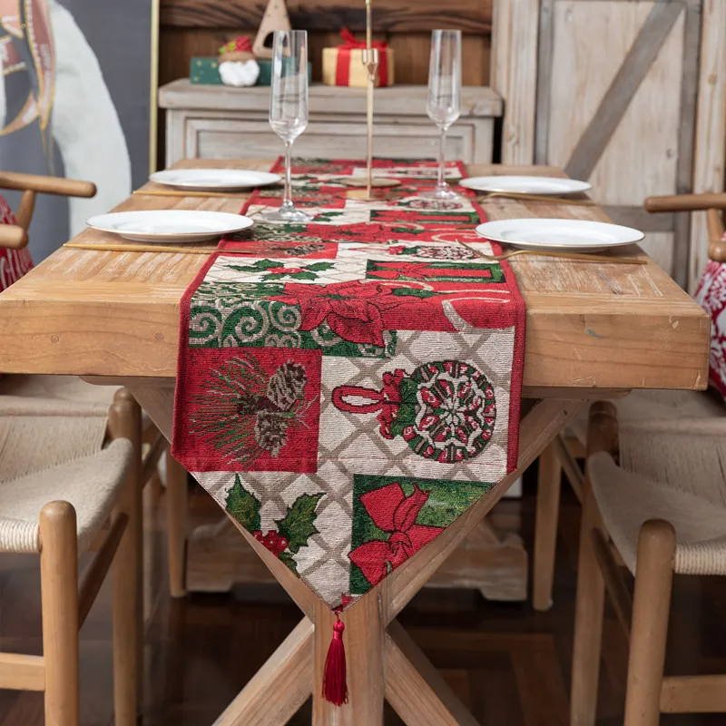 Yarn-Dyed Jacquard Christmas Flower Pattern Table Decoration Cover Towel Tablecloth Tableware