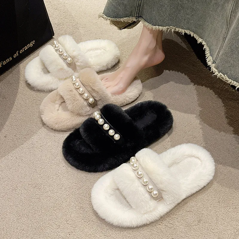 (Buy 1 Get 1) Autumn Winter Women Fashion Plush Warm Pearl Decorative Round Toe Flat Home Slippers