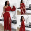 Women Fashion Sexy Solid Color One-Sleeve Top Slit Pants Set