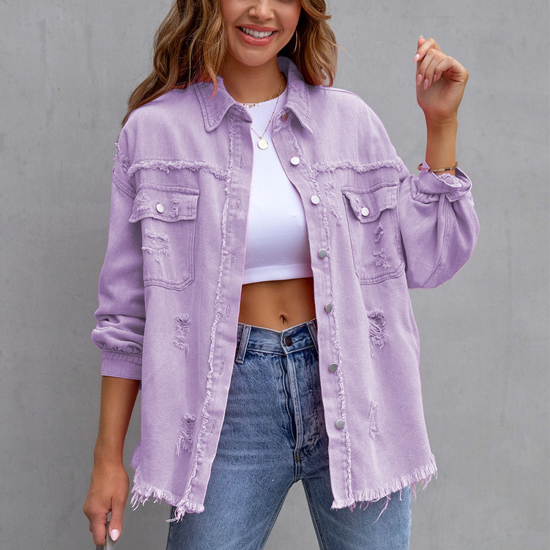 Women Fashion Solid Color Mid-Length Ripped Loose Raw Hem Denim Jacket Coat